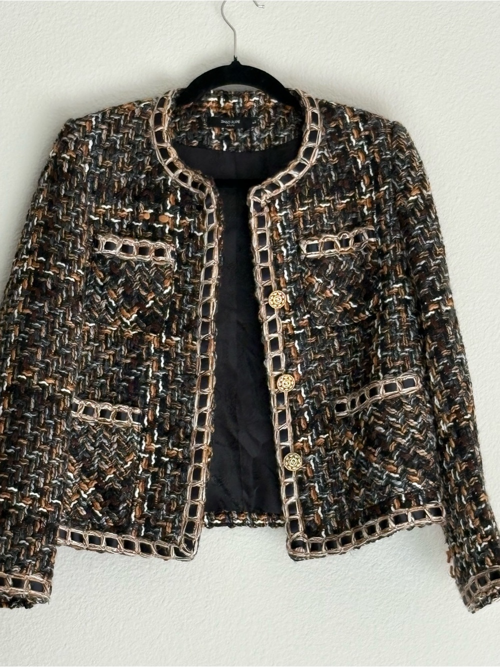 Textured Bouclé Black & Brown Cropped Jacket